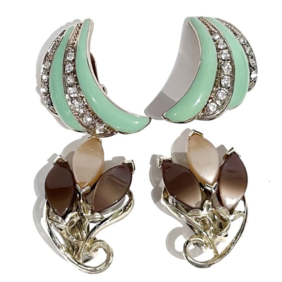 Vintage Clip On Earring Lot of 11 Pairs Rhinestone Gold Silver Blue Pink Black - Picture 4 of 16